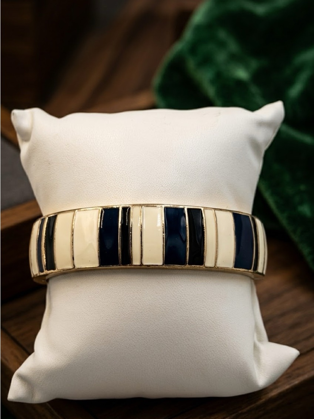 Gold-Tone Navy and Cream Enamel Bangle Watch Bracelet